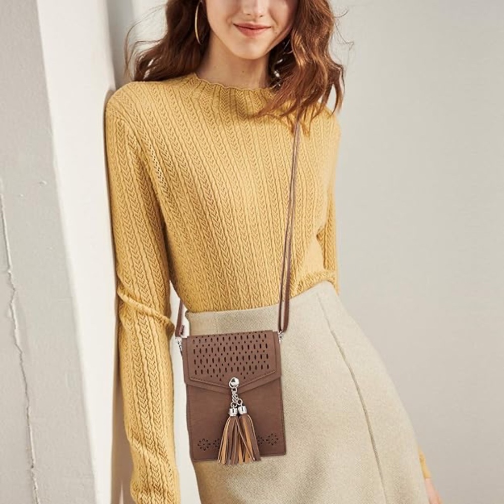 seOSTO Brown Leather Crossbody Purse Bag with Tassels